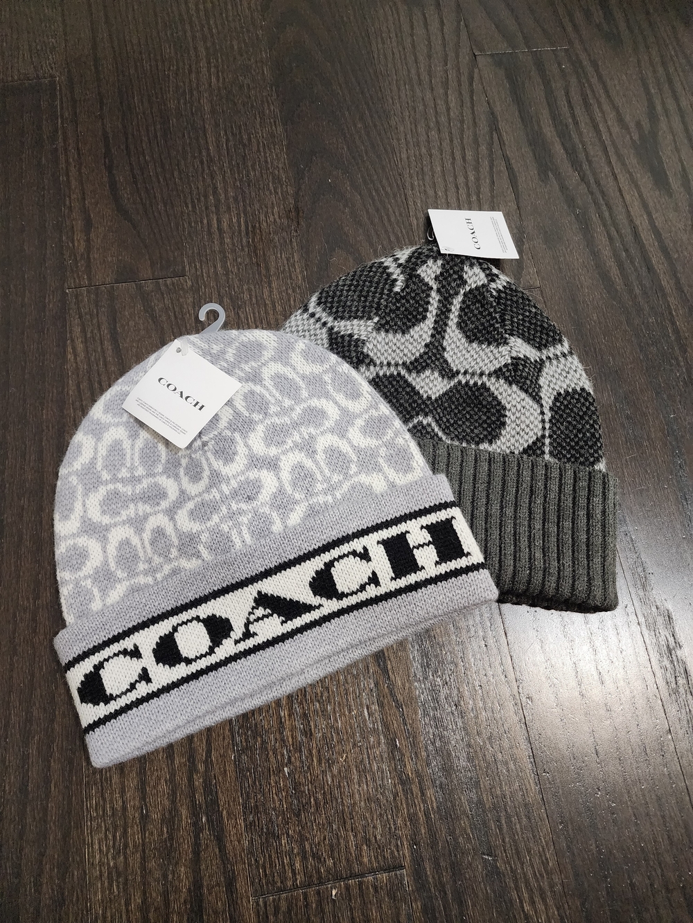 COACH Two-Piece Logo Knit Beanie Set in Light Gray and Black